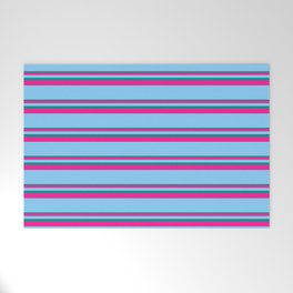 [ Thumbnail: Dark Cyan, Deep Pink, and Light Sky Blue Colored Lined Pattern Welcome Mat ]