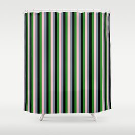 [ Thumbnail: Light Slate Gray, Pink, Forest Green, and Black Colored Lines Pattern Shower Curtain ]