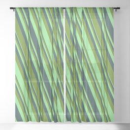 [ Thumbnail: Dark Slate Gray, Green & Light Green Colored Lined/Striped Pattern Sheer Curtain ]