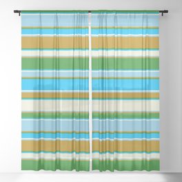 [ Thumbnail: Forest Green, Deep Sky Blue, Beige, Sky Blue, and Dark Goldenrod Colored Striped/Lined Pattern Sheer Curtain ]