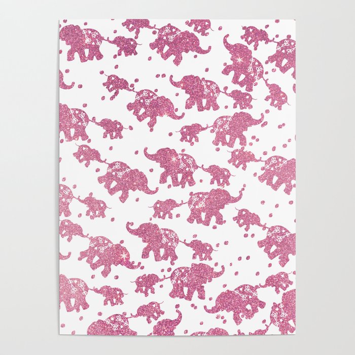Elegant Abstract Pink Glitter Polka Dots Cute Elephant Poster