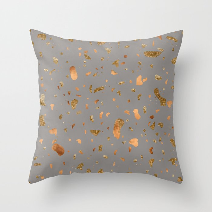 Elegant gray terrazzo with gold and copper spots Throw Pillow