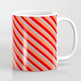 [ Thumbnail: Coral, Red & Light Sky Blue Colored Stripes/Lines Pattern Coffee Mug ]