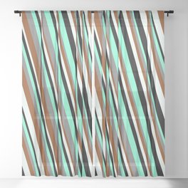 [ Thumbnail: Eyecatching Aquamarine, Gray, Brown, Mint Cream, and Black Colored Striped/Lined Pattern Sheer Curtain ]