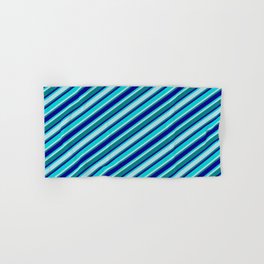 [ Thumbnail: Dark Turquoise, Powder Blue, Teal & Dark Blue Colored Striped/Lined Pattern Hand & Bath Towel ]