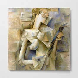 Pablo Picasso, Girl with a Mandolin (Fanny Tellier), oil on canvas portrait cubism cubist painting for home, wall, and bedroom decor Metal Print