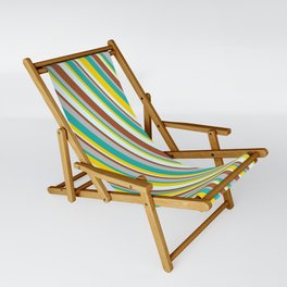 [ Thumbnail: Colorful Grey, Light Sea Green, Yellow, Light Cyan & Sienna Colored Pattern of Stripes Sling Chair ]