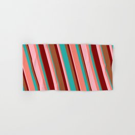 [ Thumbnail: Eye-catching Sienna, Light Sea Green, Salmon, Light Pink, and Maroon Colored Striped Pattern Hand & Bath Towel ]