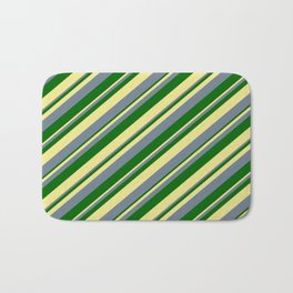 [ Thumbnail: Slate Gray, Dark Green & Tan Colored Lines/Stripes Pattern Bath Mat ]