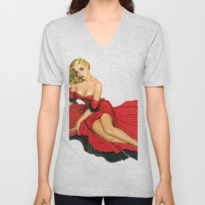 Sexy Blonde Pin Up With Red Dress Vintage Tango Spanish V Neck T Shirt