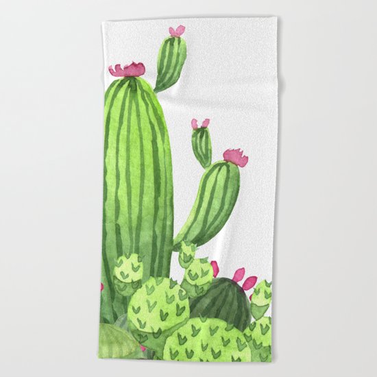Green Cacti with Pink Flowers Beach Towel