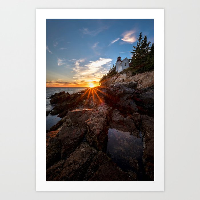 Bass Harbor lighthouse, Acadia, Mount Desert Island coastal Maine sunset landscape photograph by Robbie Shade Art Print