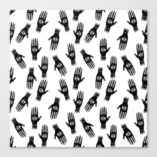 Linocut hand and eye black and white minimal modern pattern Canvas Print
