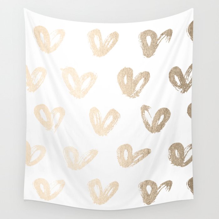 Luxe Gold Hearts on White Wall Tapestry
