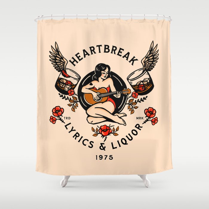 Heartbreak Lyrics & Liquor 1975. Vintage Pinup Girl Playing Guitar V.2 Shower Curtain