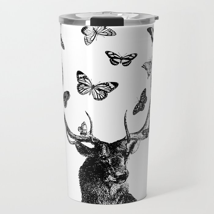 The Stag and Butterflies | Deer and Butterflies | Vintage Stag | Vintage Deer | Black and White | Travel Mug