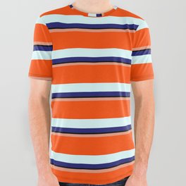 [ Thumbnail: Eyecatching Dark Salmon, Red, Light Cyan, Midnight Blue & Black Colored Lines Pattern All Over Graphic Tee ]