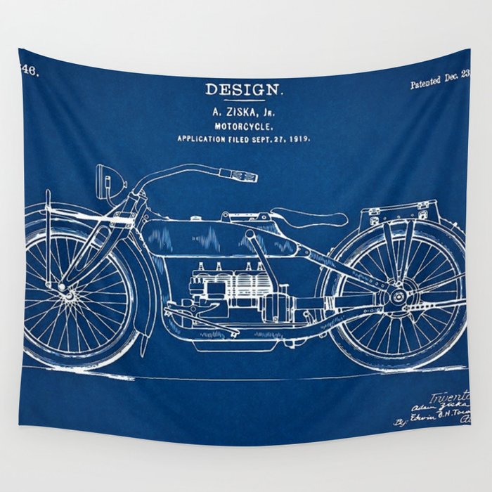 1919 Motorcycle Patent Outline Print Wall Tapestry