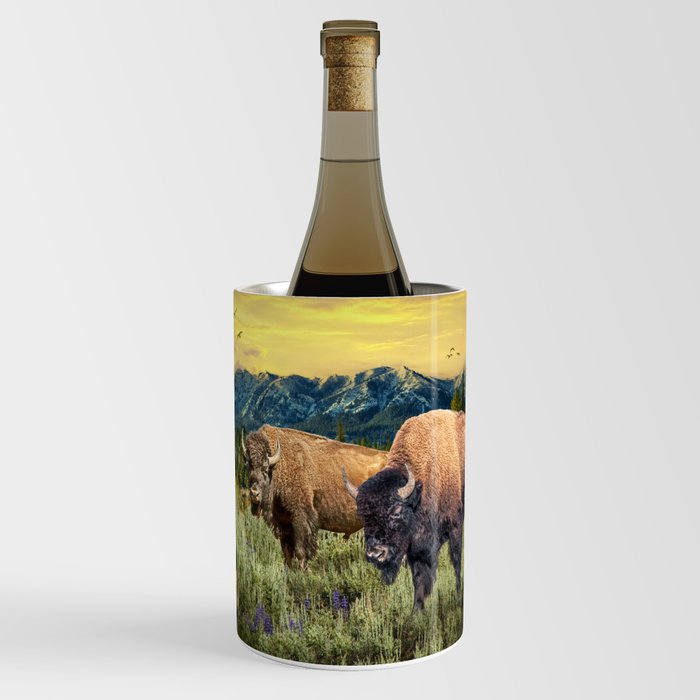 American Buffalo Western Landscape with Mountain Sunset in Yellowstone National Park Wine Chiller