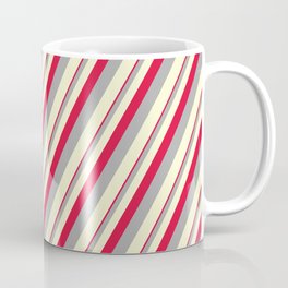[ Thumbnail: Crimson, Dark Grey, and Light Yellow Colored Stripes Pattern Coffee Mug ]
