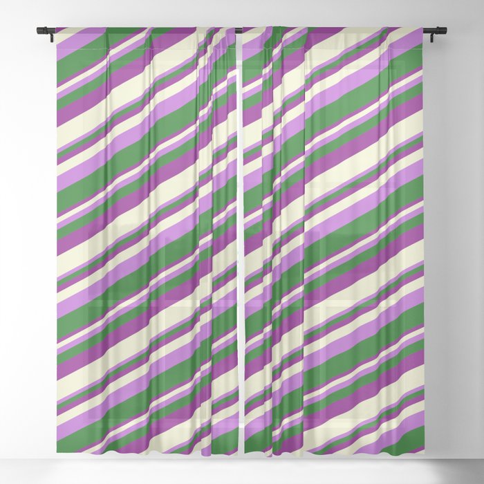 Orchid, Dark Green, Purple, and Light Yellow Colored Stripes Pattern Sheer Curtain