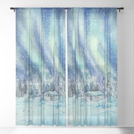 Magical Log Cabin Snowy Northern Lights Forest Landscape Sheer Curtain