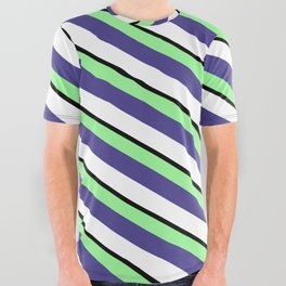 [ Thumbnail: Green, Dark Slate Blue, White & Black Colored Striped Pattern All Over Graphic Tee ]