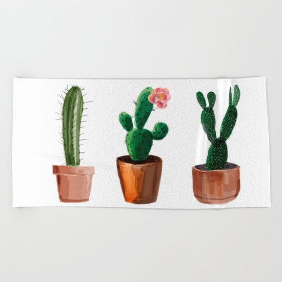 Three Cacti On White Background Beach Towel