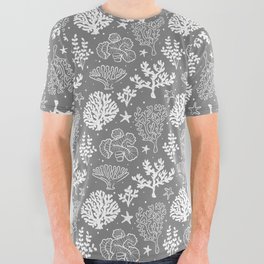 Grey And White Coral Silhouette Pattern All Over Graphic Tee