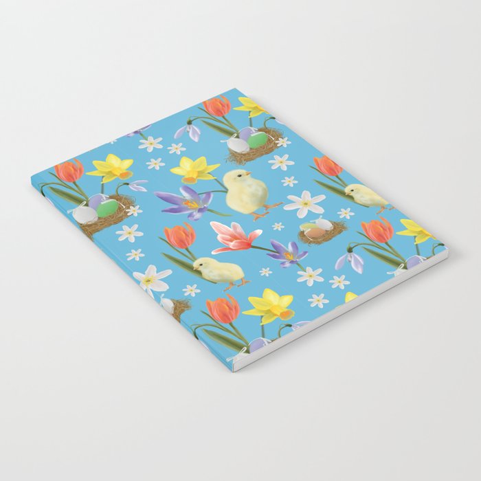 Colorful pattern with easter chicks, easter nests, tulips, daffodils, crocuses, wood anemones Notebook