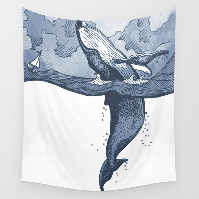 Hump Back Whale breaching in Stormy Seas with tiny boat - nautical themed illustration Wall Tapestry