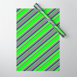 [ Thumbnail: Lime, Tan, Grey & Dark Blue Colored Lined/Striped Pattern Wrapping Paper ]