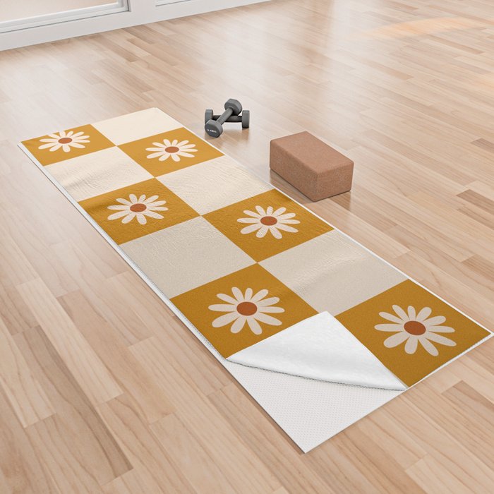Retro Tile Flower Power Pattern in Yellow & Beige Yoga Towel
