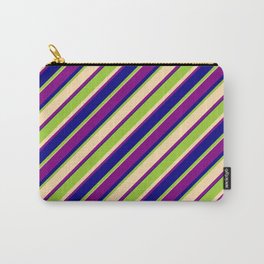 [ Thumbnail: Green, Tan, Purple & Blue Colored Lined Pattern Carry-All Pouch ]