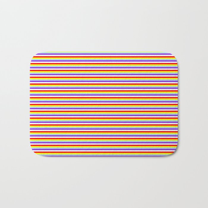 Eye-catching Red, Yellow, Powder Blue, Purple & Mint Cream Colored Stripes Pattern Bath Mat