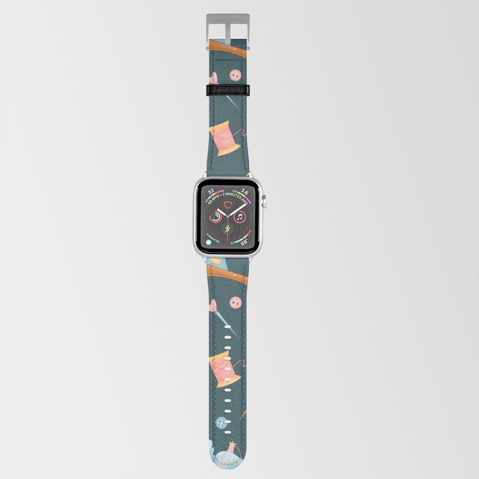 Vintage Sewing Machines and Scissors on Dark Green Apple Watch Band