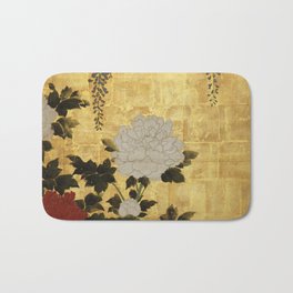 Vintage Japanese Floral Gold Leaf Screen With Wisteria and Peonies Bath Mat | Bohemian, Green, Peony, Nature, Digital, Graphicdesign, Leaf, Plants, Art, Japanese 