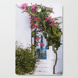 Traditional Greek Street Scenery | Blue Door and Pink Flowers | Island Life | Travel Photography in Europe Cutting Board