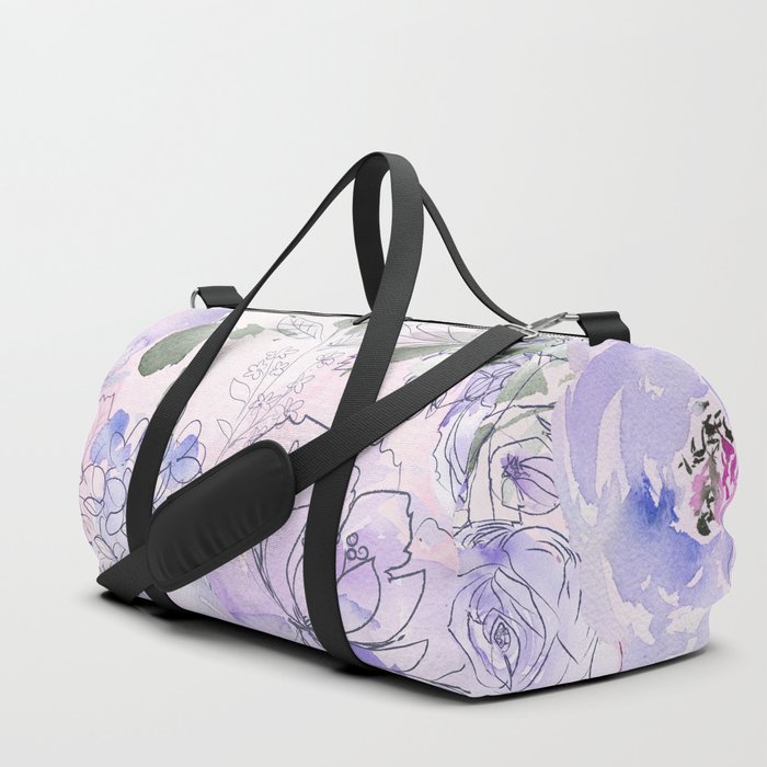 Botanical pink lavender violet gray watercolor floral Duffle Bag