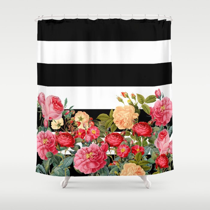 Black and White Stripe with Floral Shower Curtain
