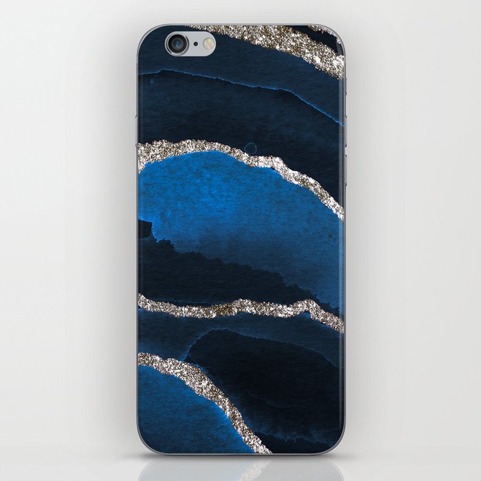Watercolor Navy Blue And Silver Glitter Liquid Marble Abstract Pattern iPhone Skin