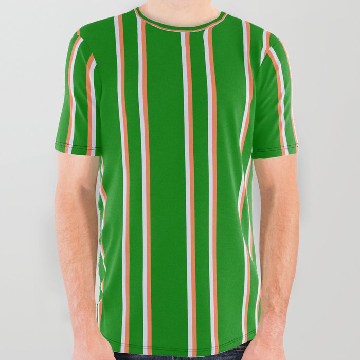 Green, Coral & Lavender Colored Stripes/Lines Pattern All Over Graphic Tee