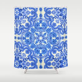 Cobalt Blue & China White Folk Art Pattern Shower Curtain