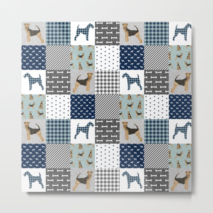 Airedale Terrier Cheater Quilt -  patchwork, airedale, dog, blanket, cute design Metal Print