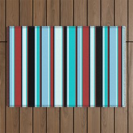 [ Thumbnail: Brown, Dark Turquoise, Light Cyan, Sky Blue, and Black Colored Lines/Stripes Pattern Outdoor Rug ]