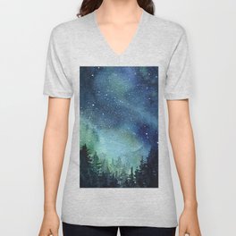 Galaxy Watercolor Aurora Borealis Painting V Neck T Shirt