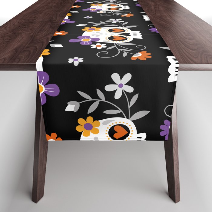 Hand drawn seamless vintage pattern with cute sugar skulls and flowers. Table Runner
