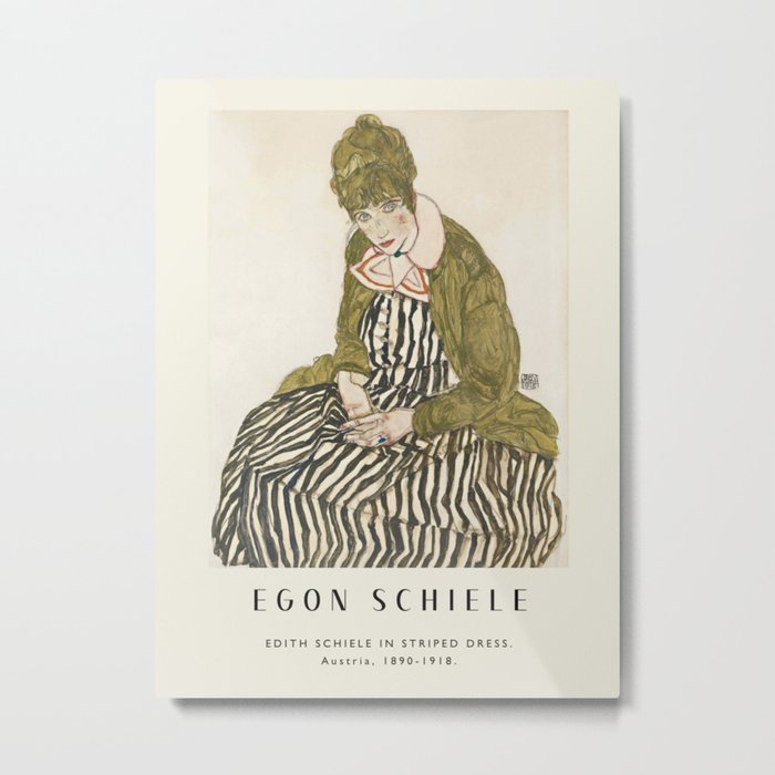 Poster-Egon Schiele-Edith Schiele in Striped Dress. Metal Print