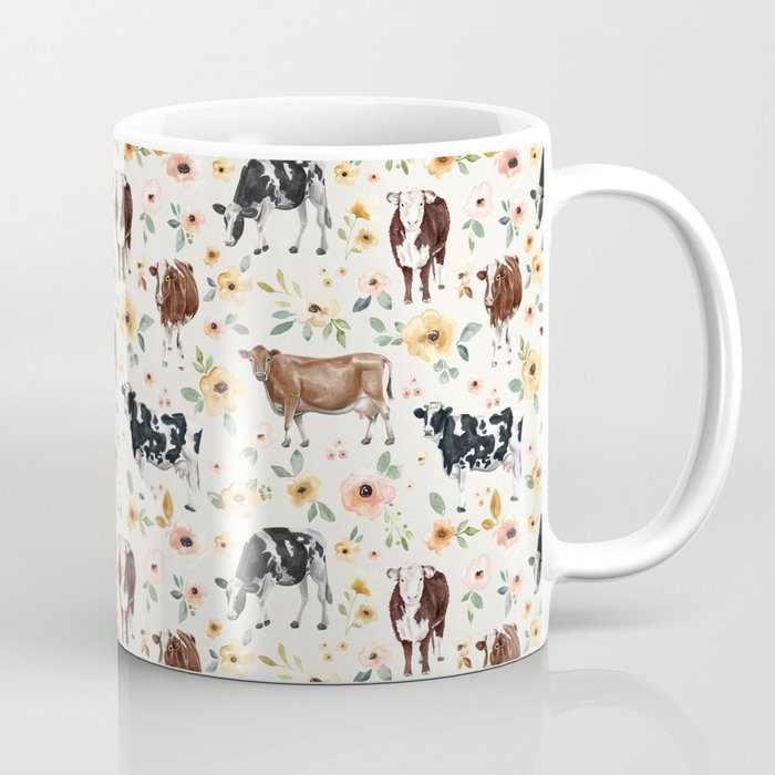 Cows with Pink and Yellow Flowers on Cream, Cow Illustration, Floral Coffee Mug