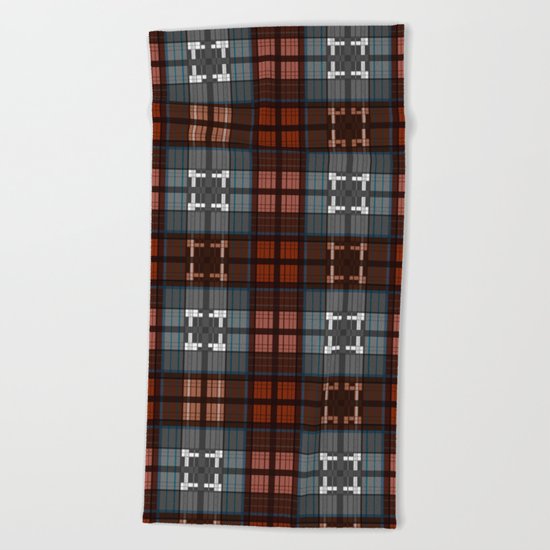 Dark black and blue plaid checkered Scandinavian design Beach Towel